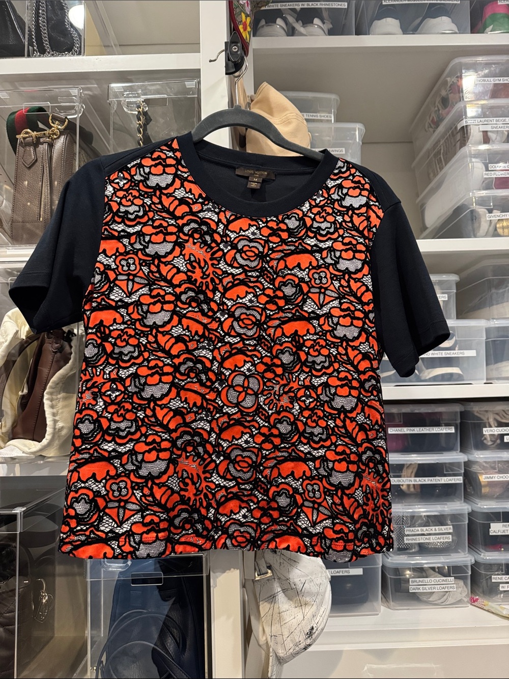Louis Vuitton Black Tee with Red & White Floral Lace Accent